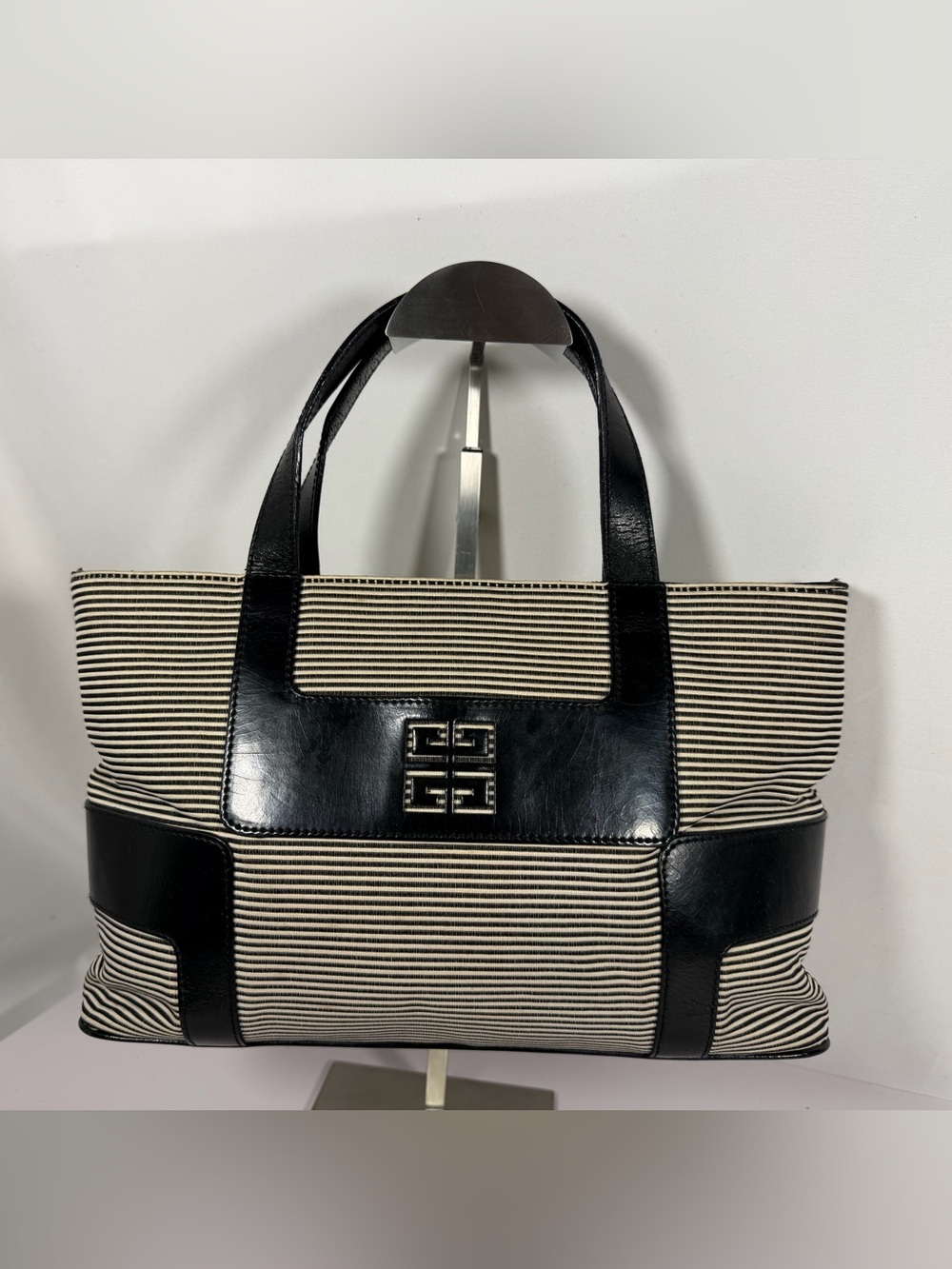 3050: Vintage Givenchy 4G Black Leather Striped Canvas Tote Bag Made in Spain